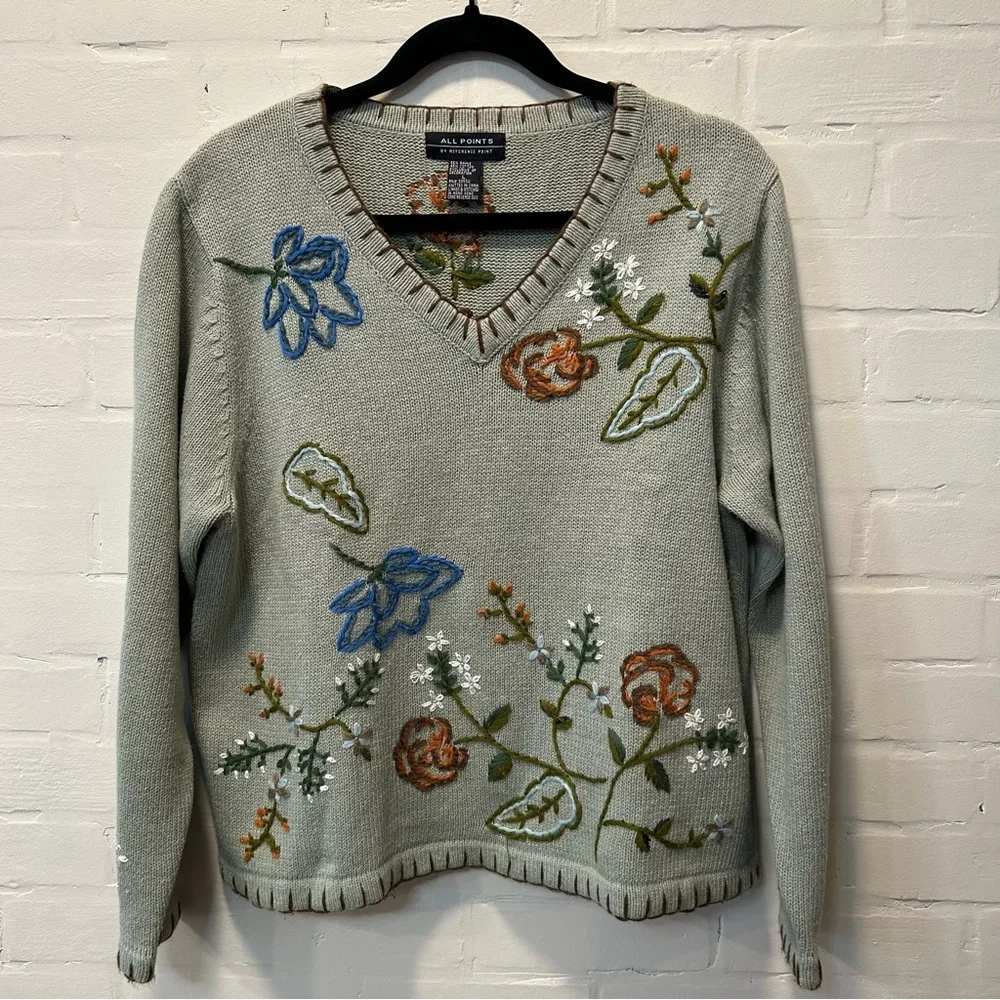 Vtg All Points Sage Green Floral Embroidered V Neck Cottagecore Sweater Sz L - Picture 1 of 7